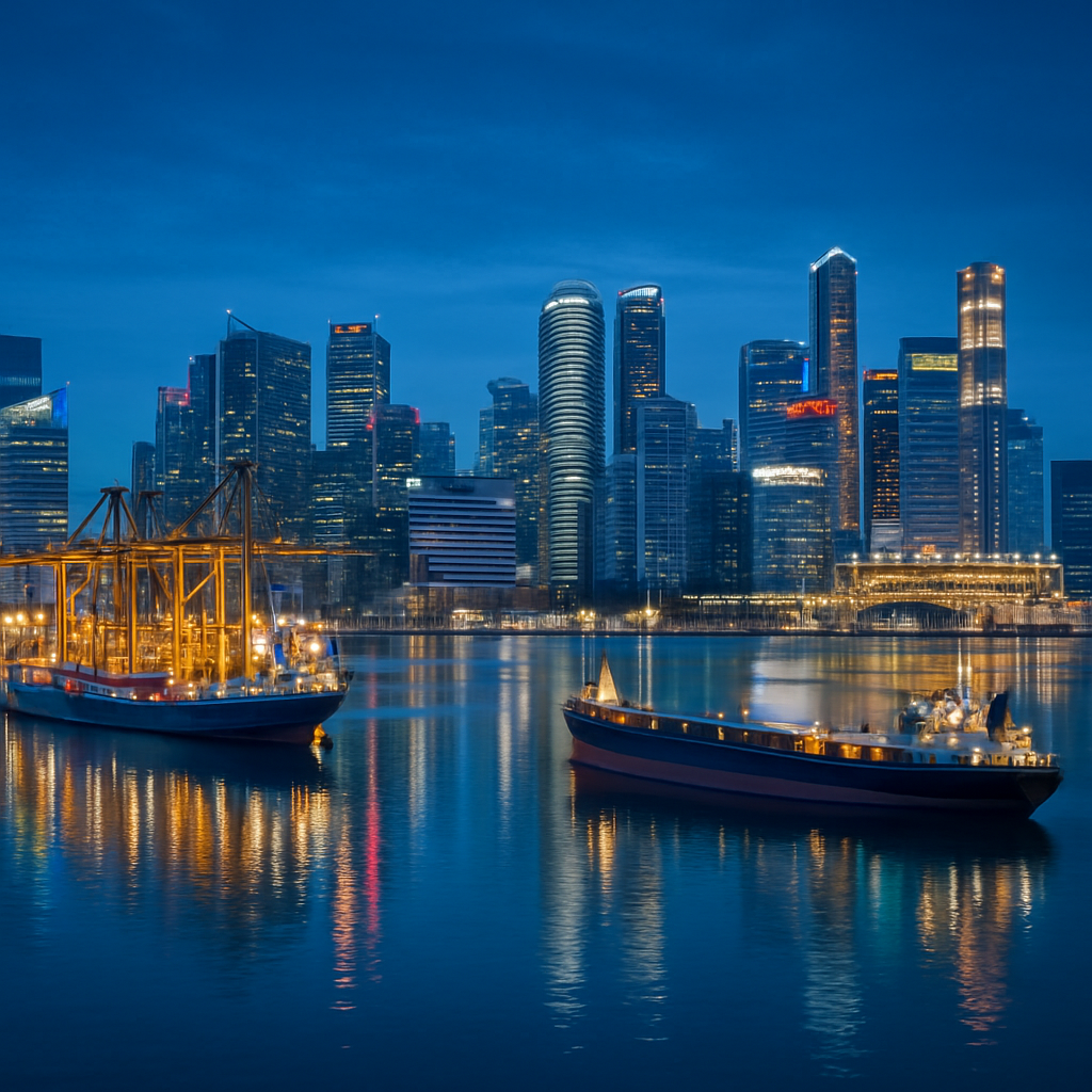 Singapore waterfront and port at blue hour
